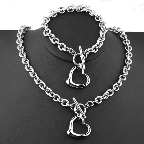 Silver Heart Chain Halsband + Hjärta Armband för Kvinnor Flickor Hjärtan Hänge Växla Charm Smyckesset Rostfritt Stål