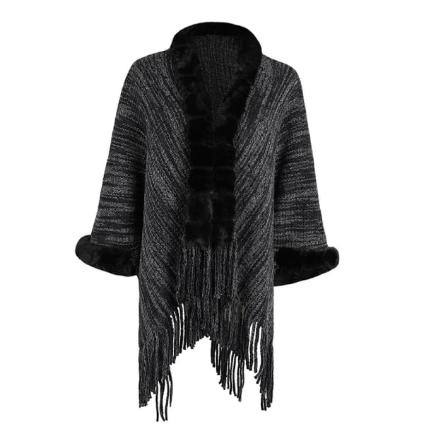 Universal varm poncho for kvinner - svart, elegant imitert ull frynser
