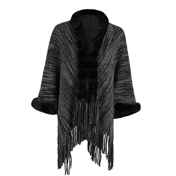 Universal Varm Poncho for Kvinner - Svart, Elegant Kunstig Ullfrynser