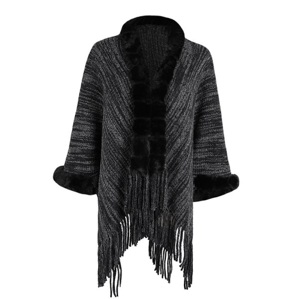 Universal Varmt Poncho til Kvinder - Sort, Elegant Kunstig Uld Frynser