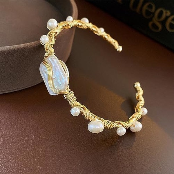 Barok Perle Armbånd i Guld, Justerbart Guld Wrap Design Perle Armbånd   Guldbelagt Delikat Lille Perle Armbånd til