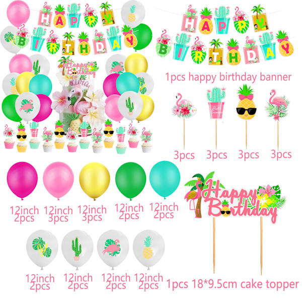(34 stk) Hawaii Flamingo Kaktus Ananas Skilpadde Kokosnøtt Blad F