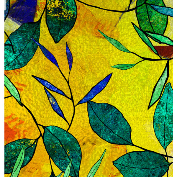 Keltainen tausta vihreitä lehtiä lasimaalaus ikkunakalvo (45*100c