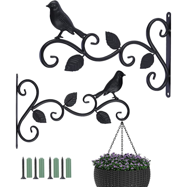 Pakke med udendørs hængekurvbeslag, 12 tommer dekorative metalkroge til hængende planter, fuglefoderautomater, lanterner (3 blade), sort, 30 cm B x 19 cm H