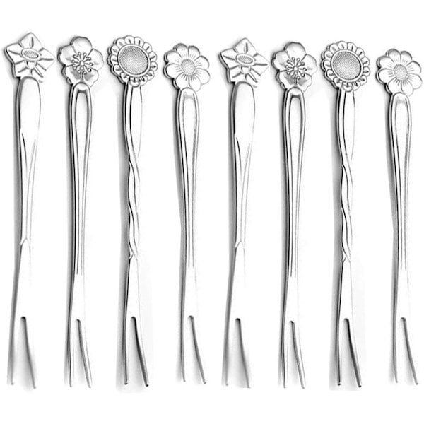8 stk. 12,4 cm Blomst Fruktgafler i rustfritt stål Små sylteagurkgafler Dessertkakegafler Salat Bistro Cocktailgaffel To-tindet middagsforrettgaffel For