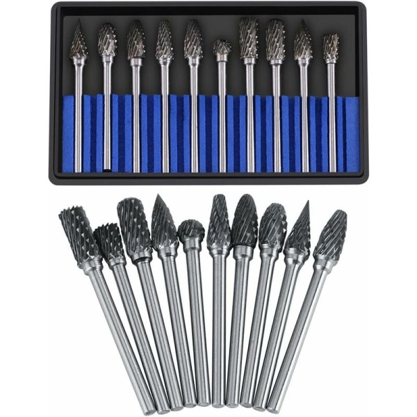 Carbide Rotary Burr set 10 kpl volframiteräs, 3 mm pään halkaisija