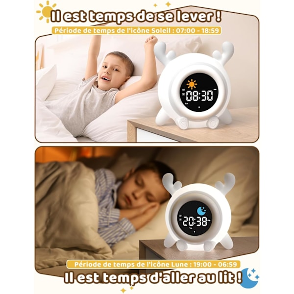 Børnealarmur med uddannelsesmæssig dag/nat-funktion, 2 alarmer/12/24 timer/snooze, justerbar skærmbelysning i 7 farver, digital morgenalarm C