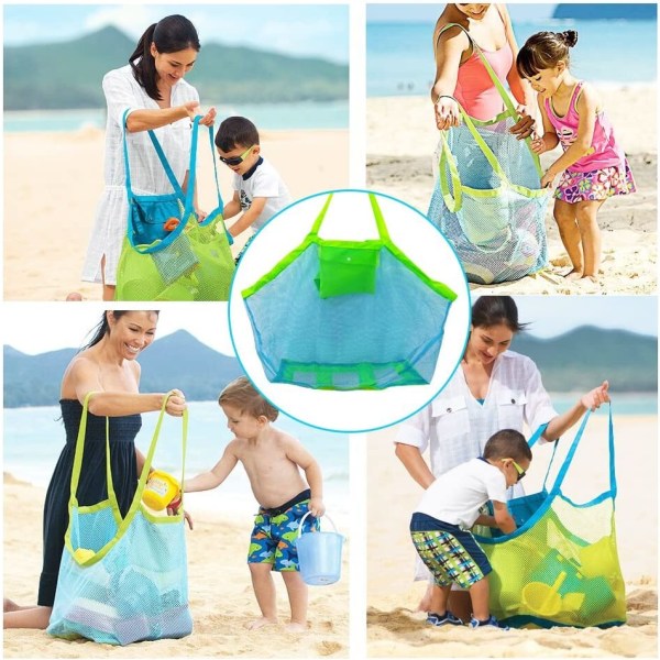 Stor mesh strandtaske 40 * 24 * 40 cm (blå mesh grøn rem), legetøj