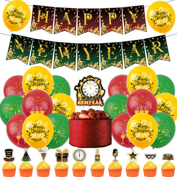 38-delers nyttårsdekorasjonssett, ballonger med nyttårstema,