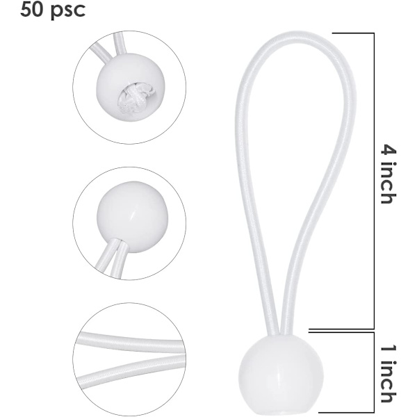 Ocean 50 st Elastic Boll Bungee-snören (Vita), Tarp Spännare för