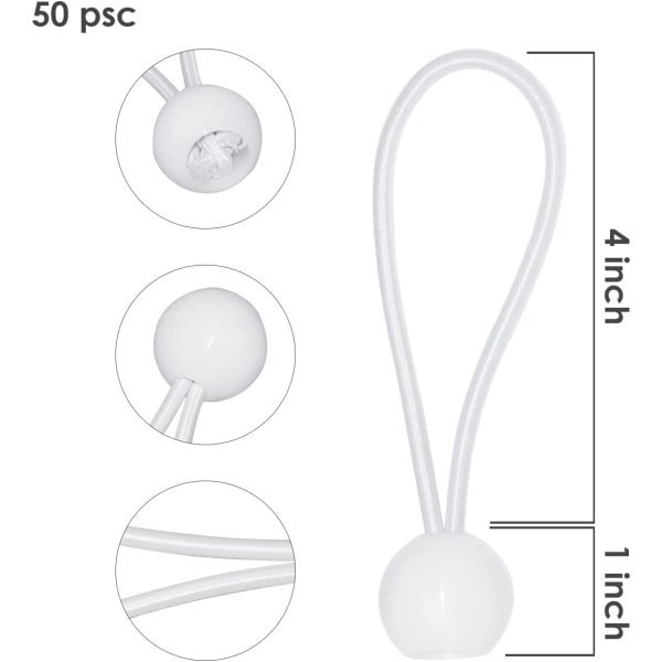 Ocean 50 Stk Elastiske Ball Bungee Cords (Hvit), Tarp Strammer fo