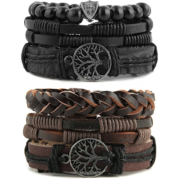 Genuine Leather Tree of life Bracelets Men Women, Tiger Eye Natural Stone Lava Rock Beads Ethnic Tribal Elastic Bracelet