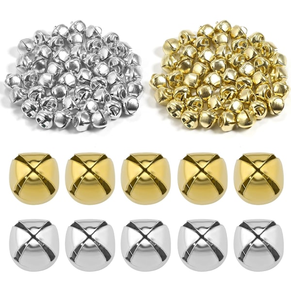 100 st Christmas Jingle Bells (50 silver och 50 guld, 1,2 cm), Meta