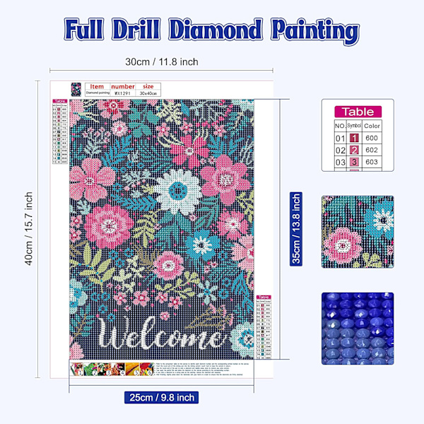 Fleurs Diamantmålning Kit för Nybörjare,Fleurs Diamantkonst Kit 30x40cm(Välkommen),5D DIY Diamantmålning Kit Blommor Konst Hantverk för Heminredning