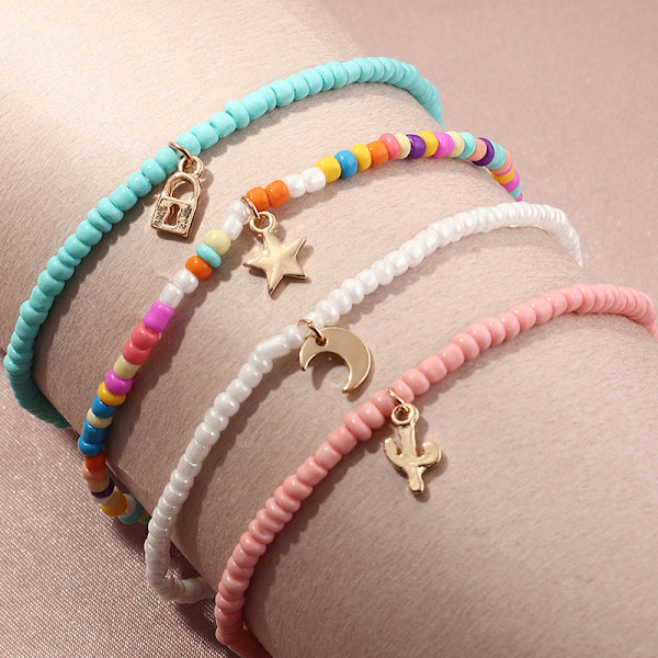4 stykker Bohemian Perler Multi-lags Anklet Farverige Wom
