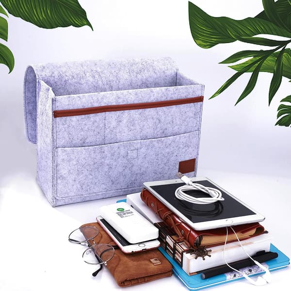 Grå Caddy Organizer, Filt Sengeside Caddy Sengeside Lomme Opbevaring B