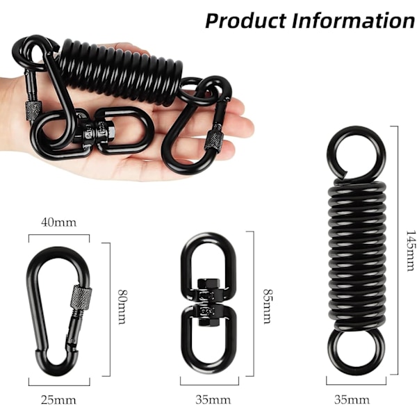 Svingfjær for Hengekøye, Hengekøye med 2 Karabiner og 360° Svingbare Kroker, Karabiner, Bæreevne opptil 250 kg, Hengefjær for Hengekøye