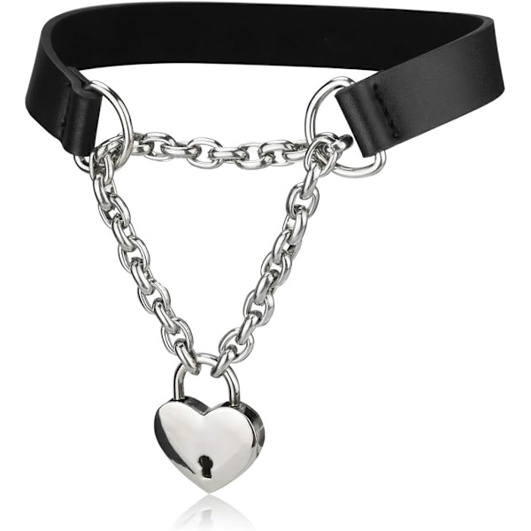 Goth Chokerhalsband för Kvinnor, Svart Choker och Hjärtformad Hänglås Dagkrage med Nyckel, Svart PU-Läder Chokerkrage för Kvinnor