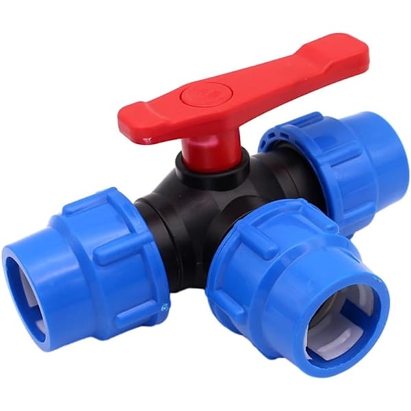 3-veis kuleventil, plast hageslangekobling, T-type polyetylenventil, hurtigslangekobling for hagearbeid (25mm)