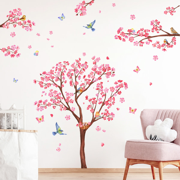 Stora körsbärsblomsträd väggdekaler Rosa blomträdgren vägg