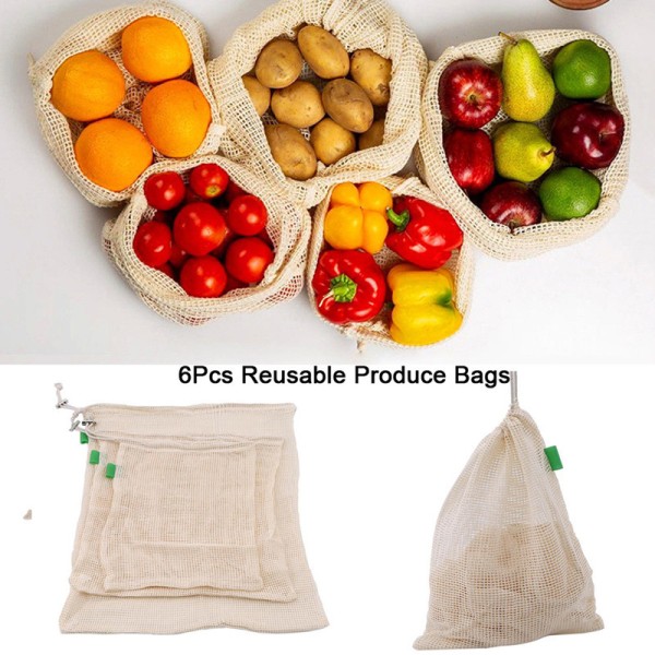 Sæt med 6 genanvendelige grøntsagsposer af økologisk bomuld, størrelse S (M, L), S