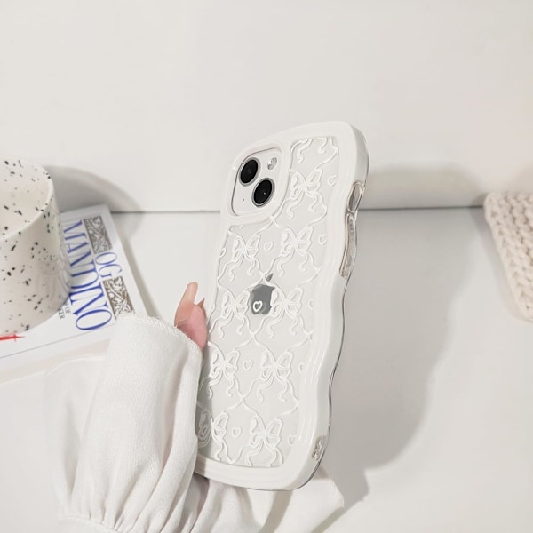 Kompatibel för iPhone 14 Skal Söt Transparent Vågig Ram för Kvinnor Flickor Rosett Mönster Lockigt Form Stötsäker Mjuk TPU 2 i 1 Telefonfodral - Vit Rosett