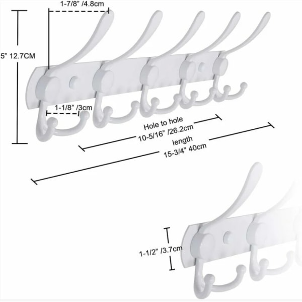 (Hvid) Væghængt Frakkeholder - 5 Assorterede Kroge, Robust, St