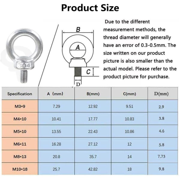 12 stk Øjebolte - M3 304 rustfrit stål Løfteøjebolte Skrue