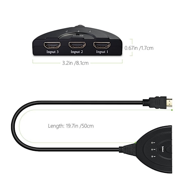 HDMI-switcher, 1 til 3 HD-konverter 3 cut 1 med kabel, 3 indgange