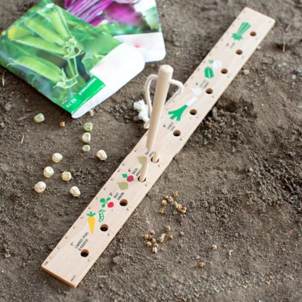 Plante lineal i træ, plantesæt med lineal og såmaskine i træ, sammenklappelig lineal til såning, værktøj til planteafstand, værktøj til træplanter