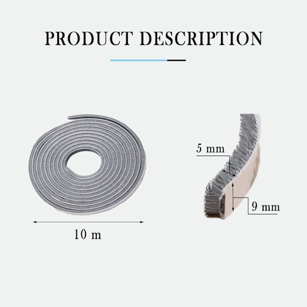 Oven tiivisteharja, 10 m (P) x 9 mm (L) x 5 mm (S), harmaa, ikkunatiiviste oven äänieristykseen, itseliimautuva harjatiiviste, liukuoven harjatiiviste, hyttysverkko