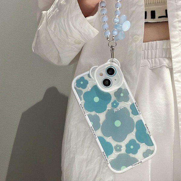 Kompatibel med iPhone 13 Etui Klar Blomsterbjørn Kameraobjektiv Etui med Sød Blomst Armbåndskæde til Kvinder Piger Blød TPU Stødsikker Cover - Blå