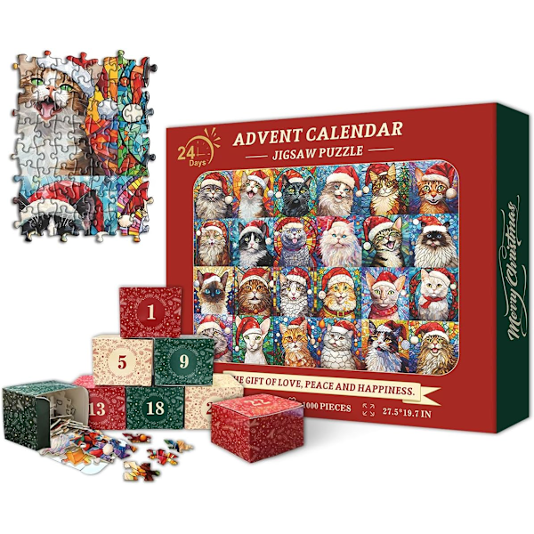 1Pack Christmas Advent Calendar 2024 Puzzles for Adults 1000 Pieces, Cat Mosaic Stained Glass Puzzle Countdown Calendar,