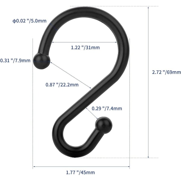 12 kpl (musta) ruostumattomat metalliset S-muotoiset koukut suihkuverhoille