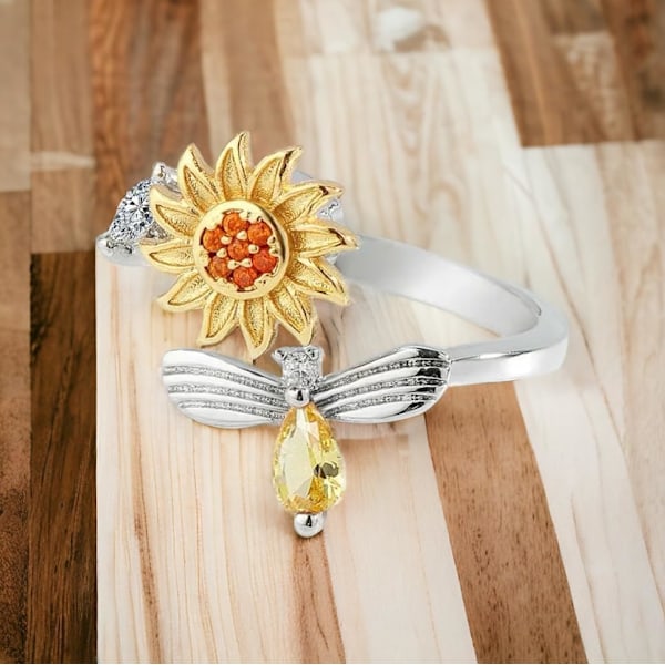 14 karat hvid og gul guldbelagt justerbar solsikkeblomst bi spinner ring - Fidget smykker til kvinder, angst ringe til kvinder, fidget ringe
