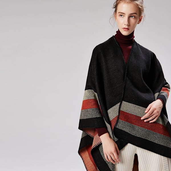 Poncho Sjal Kvinna Kap Scarf (Randig/Svart) Tjock Elegant