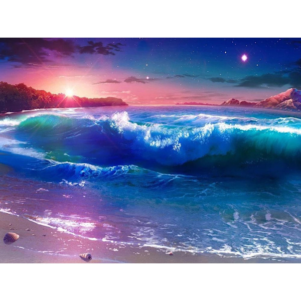 30x40cm, Nattsyn vid havet 5D diamantmålning strass e