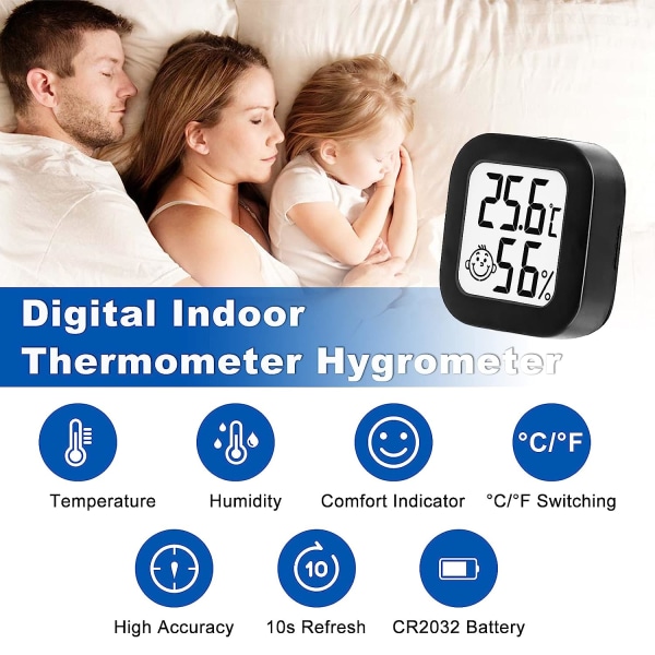 3 mini indendørs termometre (sort), digitalt termometer hygromete