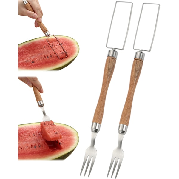 2 STK 2-i-1 Vannmelon Gaffel Kutter, Dobbelthodet Rustfritt Stål Vannmelon Kutter Gaffel, Vannmelon Kutter Verktøy, Frukt Kutter Gaffel for Sum