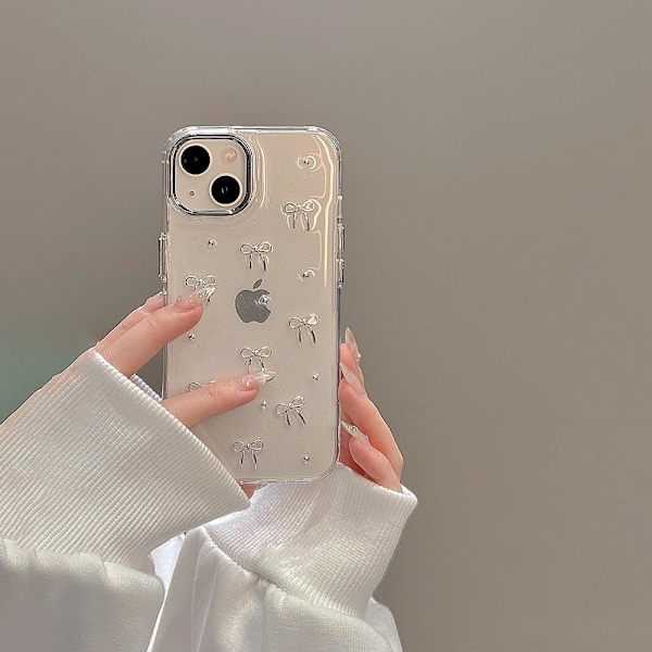 Fodral för iPhone 15, Bling Glitter 3D Rosett Telefonfodral Söt Glittrande Kristallklar Rosett Estetisk Design Fodral Smalt Mjukt Hållbart TPU Transparent Skydd