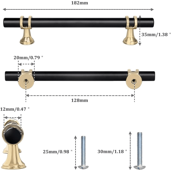 Set med 6 T-formede skapdørhåndtak 128mm, moderne sinklegering K