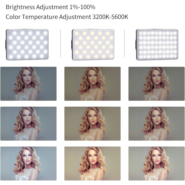 60 LED Videolys, 3200-5600K 3 Lystilstande USB og 10 Niveauer Dæmpbar Lysstyrke CRI95+ Bærbart Lys til Telefon, iPhone, Android, iPad, Laptop