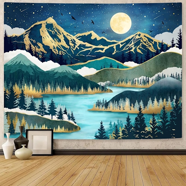 Mountain Moon Tapestry, Nature Forest Tree Lake Landscape Tapestr