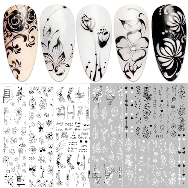 10 Ark Blommor Nagelkonst Klistermärken Dekaler Självhäftande Pegatinas Uñas Vår Blommig Svart Vit Blomma Nageltillbehör Nagelkonst Design Dekoration Acce