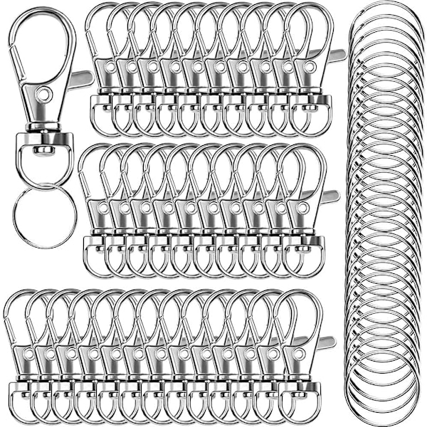 100 stk Premium Svingbare Karabinkroker med Nøkkelringer, Metallkroker for Lanyard Nøkkelkjede, Sølv