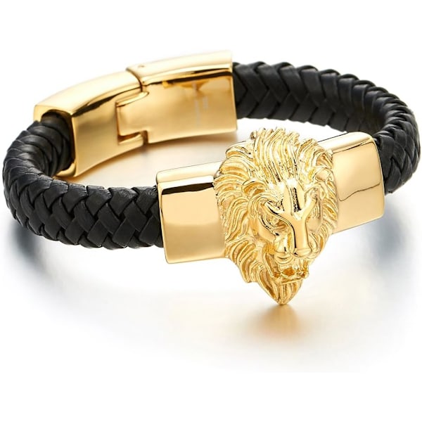 Mens Large Braided Leather Bracelet with Steel Lion and Genuine Leather Straps