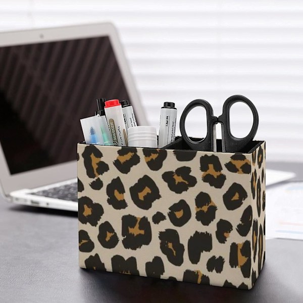 Pen Holder, Animal Leopard Print Brown Stylish Large PU Leather Square Pens Pencils Holder Cup Desktop Stationery Organi