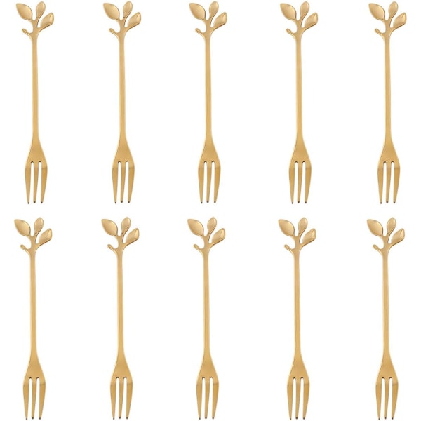 10-delt Gull Mini Blad Dessertgafler Sett - 12 cm Elegant Rustfritt Stål Frukt, Forrett, Kake & Salat Gafler - Perfekt for Cocktail Selskaper & Hjemmebruk