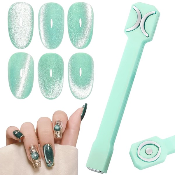 3-i-1 Kattöga Nagelmagneter Nagelkonst 3D Gel Nagellack Kraftfull Magnetisk Sug Multi-Funktionella Nageldesignverktyg Dubbelhuvud Magnet Grön, Kattöga M