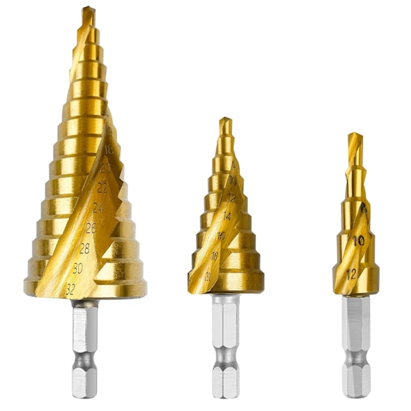 3 stk. Trinnbor, 4-12mm/4-20mm/4-32mm HSS Senkebor med Titanbelegg, Dobbel Spore Stålmetallbor, Trinnbor med Hex